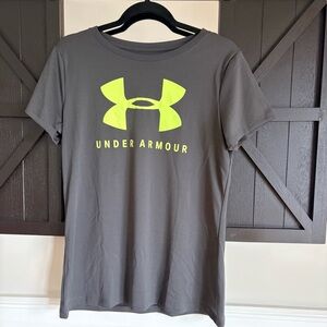 Under Armour women’s Charcoal Short-Sleeve Tee with Neon Yellow Logo. Never worn
